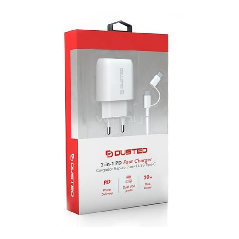 Cargador con Cable 2en1 Dusted para iPhone y iPad (20W, USB-C / microUSB, Blanco)